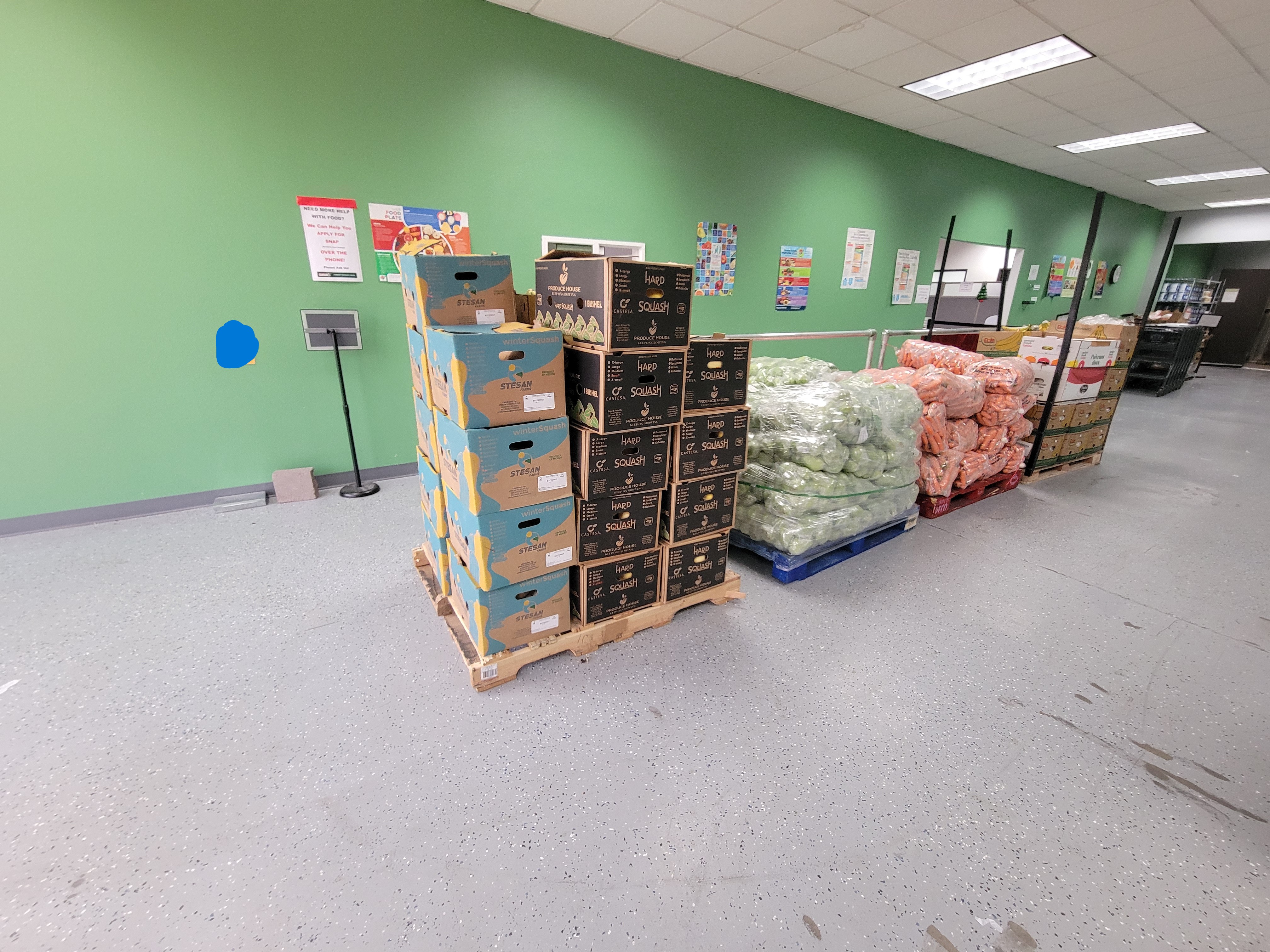 Shopping area with pallets of produce.